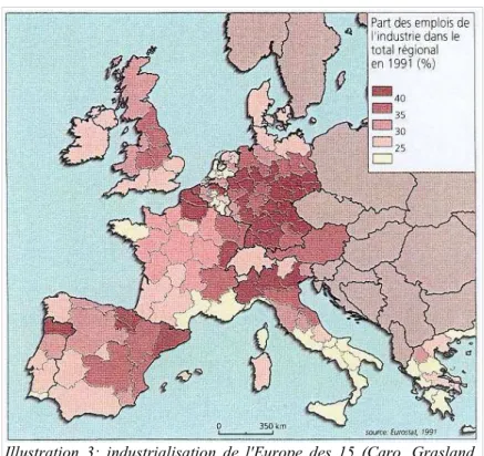 Illustration  3: industrialisation de l'Europe des 15 (Caro, Grasland, 1998)