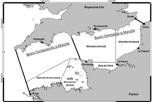 Figure  1 :  Localisation  géographique  de  la  baie  de  Seine  (Raoux,  2017  modifiée  d’après  (Dauvin, 2012)