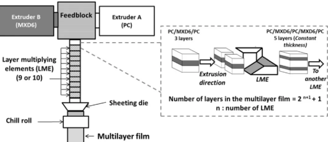 Fig. 1. Schematic principle of the coextrusion process with a multiplying elements device.