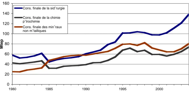 Figure n°6 : Consommation des principales industries consommatrices d’énergie      (1980-2004)  020406080100120140160 1980 1985 1990 1995 2000Mtep