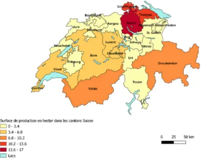 Figure 3 : Répartition des surfaces de production des cultures de fraises dans les cantons suisses: les  surfaces du Vaud et de Genève, de la Thurgovie et du Schaffhouse et de l'Obwald, du Nidwald et du 