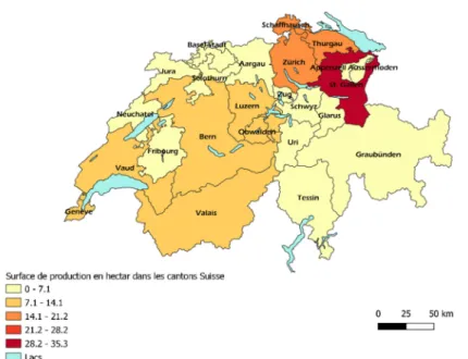 Figure  5 :  Répartition  des  surfaces  de  cultures  de  framboises  d’été  dans  les  cantons  suisses:  les  surfaces du Vaud et de Genève, de la Thurgovie et du Schaffhouse et de l'Obwald, du Nidwald et du  canton de Lucerne