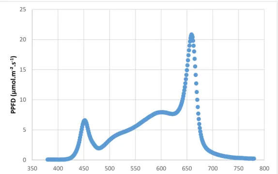 Figure 14 : Spectre lumineux des lampes LED utilisées sur l'essai des fraises mesuré avec  un spectromètre portable (UPRtek, PG100N) 