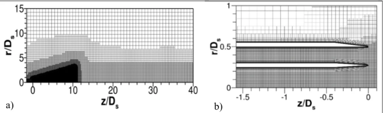 Figure 3.3 a) Visualisation du maillage de domaine de calcul, b) et du maillage dans la  tuyère 