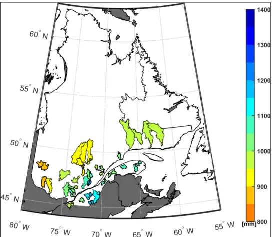 Figure 2.1 Location and mean annual precipitation (mm) of the 50  watersheds used in this study 