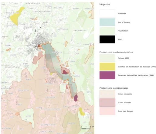 Figure 14: Carte du « millefeuille » des zonages de protection; sources: DREAL Rhône Alpes, BD Topo (IGN, 2011)