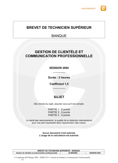 BREVET DE TECHNICIEN SUPÉRIEUR BANQUE GESTION DE CLIENTÈLE ET ...