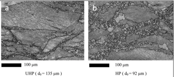 Figure 1.19 Dynamic recrystallization at prior grain boundaries (a) for Ultra High   Purity and (b) for High Purity in Type 304 Austenitic Stainless Steels  
