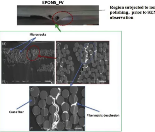 Fig. 14. SEM images of impacted EPONS_FV_10 ion polishing plate at different magniﬁcations(9.6 J impact).