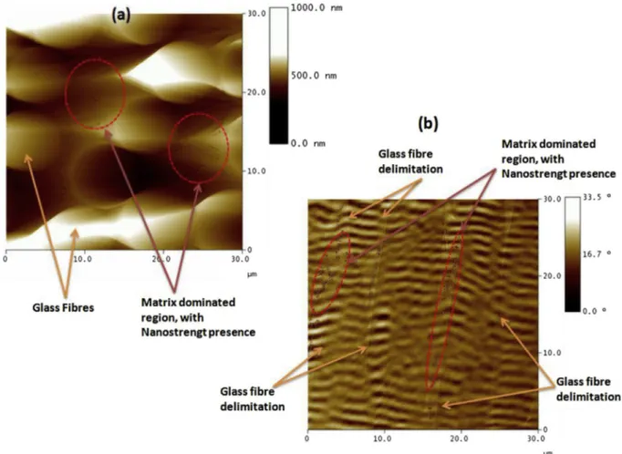 Fig. 4 a e b respectively. According to these results, the addition of Nanostrength leads to a decrease of the storage modulus, loss modulus and glass transition temperature(corresponding to the maximum of tan(delta)) (see Tables 1 and 2)