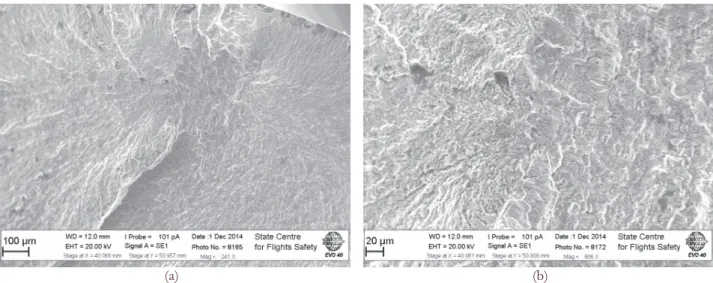 Figure 10: Fracture surfaces of specimens (a) S=; Nf= (b) S=; Nf=; with clear border of fatigue crack branching.