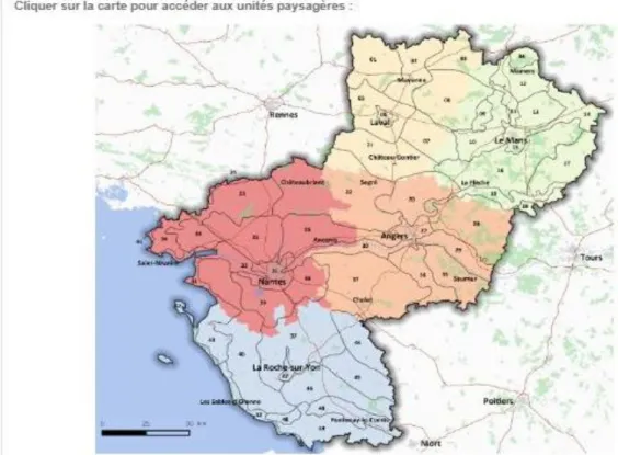 Figure 1 : Carte interactive des 49 unités paysagères du Pays de la Loire   Source : Atlas de Paysages des Pays de la Loire 