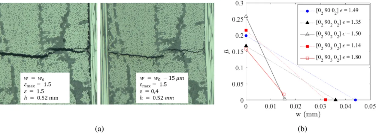 Figure 8. Micro-delamination length ¯ µ measured on the edge of the specimen at the surface (w “ w 0 ) and through the width w, 8(a): Micrographs before and after removing 15µm of the width, lay-up: