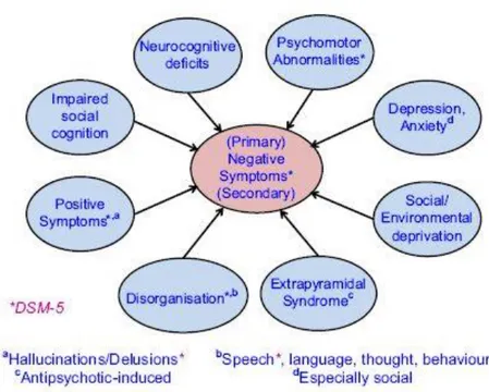 Figure  3 :  Induction  et  aggravation  des  symptômes  négatifs  par  divers  facteurs  liés  à  la  schizophrénie (Millan et al., 2014) 