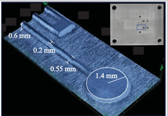 Figure 2.7 Acrylic mold and features dimensions. By rastering the mold extraneous surfaces in Stucki mode, the laser uncovers the mold