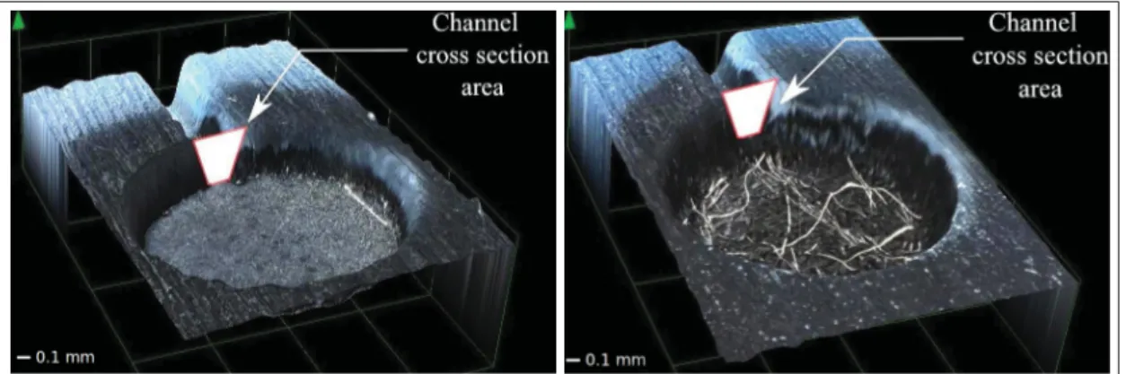 Figure 2.8 3-D images of the sensor composite interface taken with an opto-digital microscope a) before micro-machining and b) after