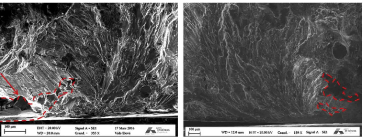 Fig. 11. Two fatigue crack initiations close to shrinkages ( r max = 160 MPa; R = 0.1; N = 2.7  10 8 cycles).