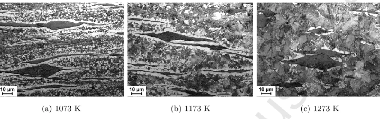 Figure 6: Optical micrographs of the ASTM A536 100-70-03 iron deformed at 5 s −1 and different temper- temper-atures (etched with saturated nitric acid).