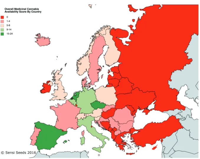 Figure 11 - Application de la légalisation du cannabis médicinal en Europe en 2016 