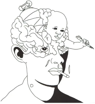 Figure 4: Je vois ma moitié de cerveau fantôme  et de l'autre côté je vois un bambin qui va naître
