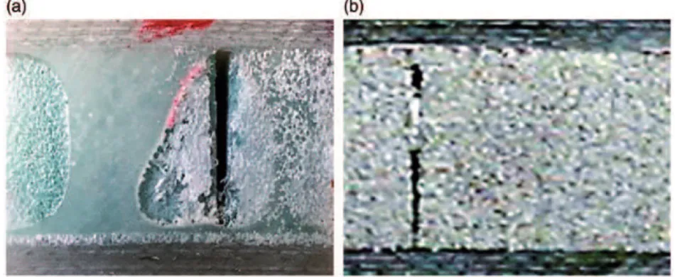 Figure 14. Sample view of a sandwich specimens with PET foam 70: (a) with more open grids (þ Res) and (b) with more closed grids (Res).