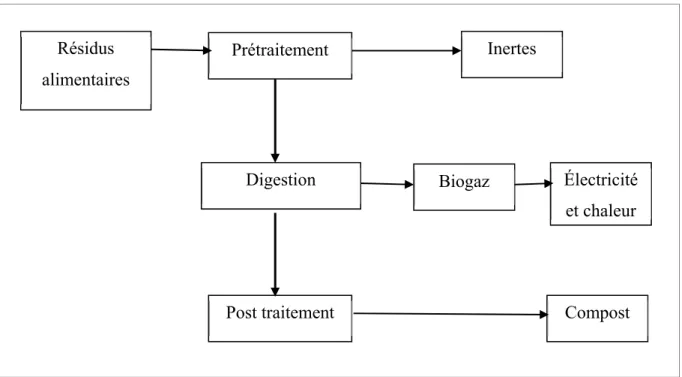 Figure 2.2 Vu d'ensemble de la technologie de méthanisation Résidus alimentaires Prétraitement Digestion Inertes Biogaz  Électricité et chaleur 