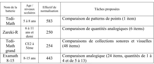 Tableau 6 Tableau récapitulatif des tests évaluant le traitement de magnitude non-symbolique 