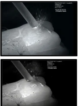 Figure 8 : Acquisition photographique à la caméra haute vitesse de l’effet acoustique (ou photo- photo-ablatif)  produit par l’Erbium-YAG sur l’émail