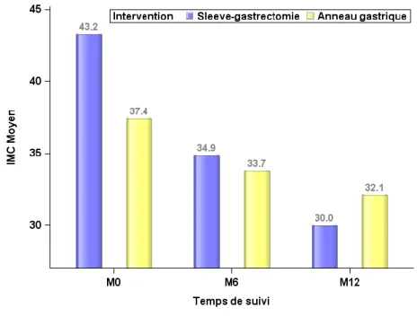 Figure 3 : IMC moyen (en kg/m²) à M0, M6 et M12 selon le type d’intervention chirurgicale 