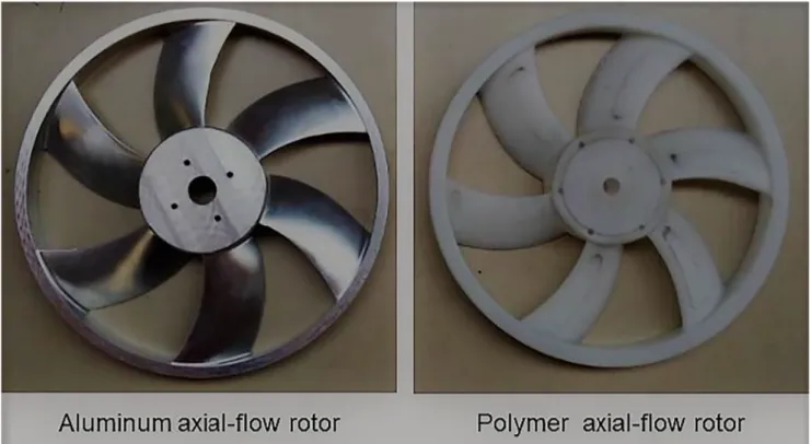 Fig. 14 An aluminum axial flow rotor (left) and polymer rotor (right)