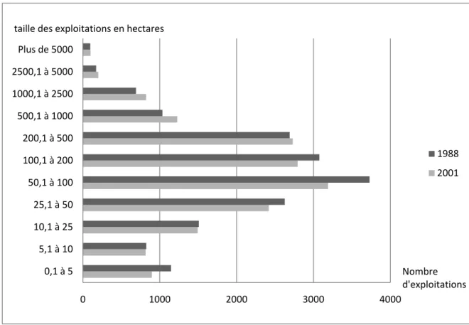 Graphique 4-Evolution du nombre d’exploitations agricoles en fonction de leur taille dans la province du  Chaco entre 1988 et 2001 