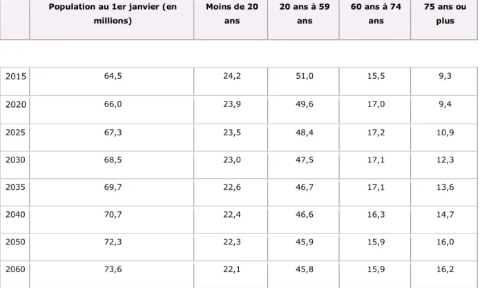 Tableau 1 : Projection de la population par groupe d'âge en 2060 (en %)