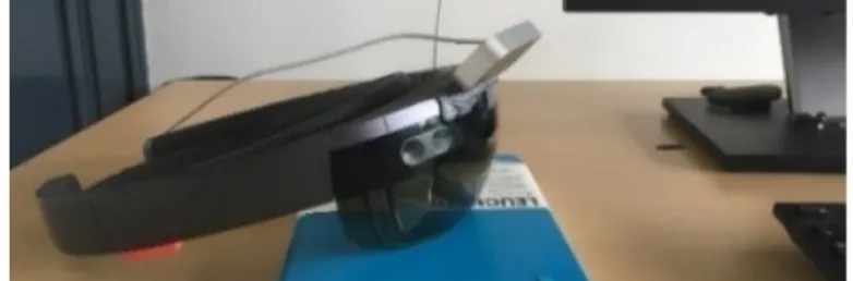 Fig. 1. The LMC is attached on the top of the HoloLens and connected to a computer