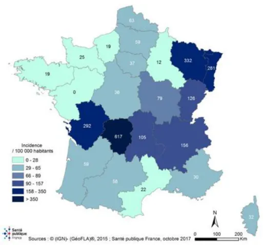 Figure 4 : Estimation du taux d’incidence annuel moyen de la borréliose de Lyme par région en  France en 2016 (Réseaux Sentinelles) (INVS, 2017) 
