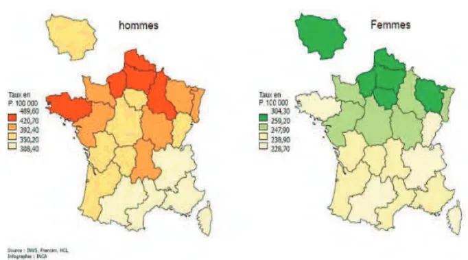 Figure 1 : Taux d’incidence du cancer en France, en 2007 [INRA 2013]. 