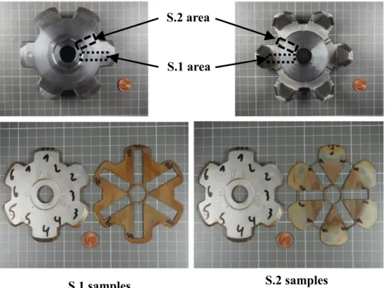 Figure 2.Photography of the claw pole with cutting areas of S.1 and S.2 samples 