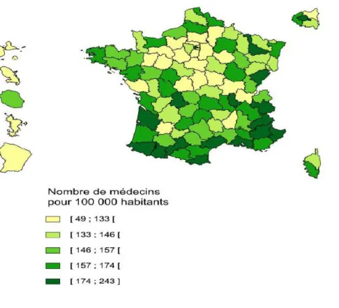 Fig 1 : DREES 2013 : Densité de médecins généralistes par départements au 1 er  janvier 2013.