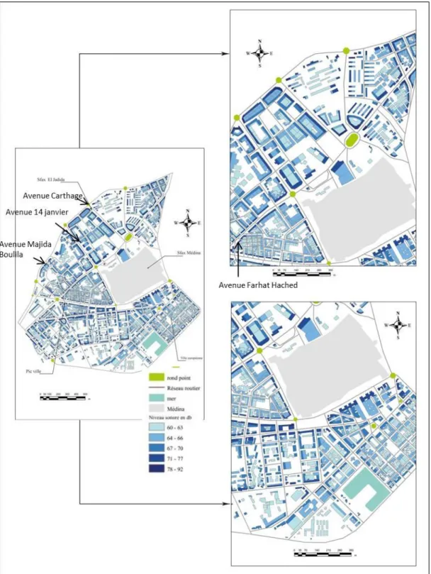 Figure  7.  Représentation  en  deux  dimensions  de  la  répartition  spatiale  du  bruit  au  niveau des façades des bâtiments dans le centre-ville de Sfax (modélisation à partir  des mesures réalisées avril et juillet 2013, capteur Extech)