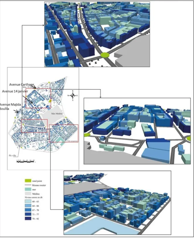 Figure  7.  Représentation  en  trois  dimensions  de  la  répartition  spatiale  du  bruit  au  niveau des façades des bâtiments dans le centre-ville de Sfax (modélisation à partir  des mesures réalisées entre avril et juillet 2013, capteur Extech)