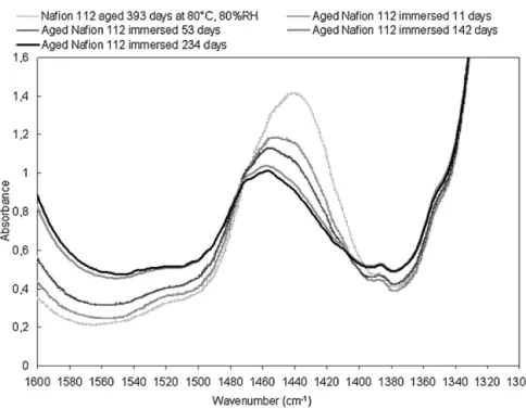 Fig. 1. Evolution of the IR sulfonic anhydride absorption band (1440 cm −1 ) on a Naﬁon ® 112 membrane aged 393 days at 80 ◦ C and 80%RH and the same sample immersed in pure water at 80 ◦ C for various durations.