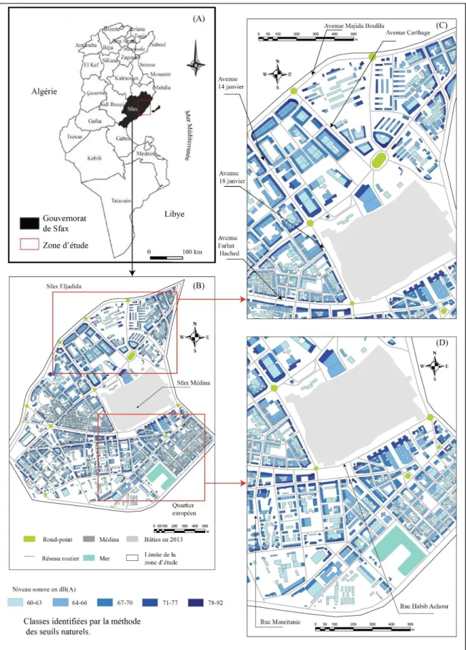 Figure 1. Localisation de Sfax (A) ; répartition spatiale du bruit au pied des bâtiments au centre-ville de Sfax (en  dehors de la Médina, B) : à Sfax Eljadida (C) et au quartier européen (D)  (Moyenne de 5 minutes par point, de  7h30 à 9h, validée trois f