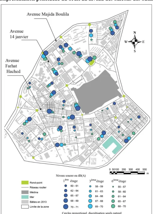 Figure 2. La répartition spatiale du niveau sonore dans le centre-ville de Sfax au niveau des balcons des immeubles  à différents étages (Moyenne de 5 minutes par point, de 7h30 à 9h, validée trois fois, en mai 2013, pas de temps 5  secondes, capteur EXTEC