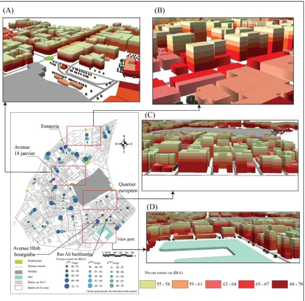 Figure 3. Représentation en trois dimensions de la répartition spatiale du bruit diurne dans le centre-ville  de Sfax au niveau des balcons des immeubles à différents étages (mesures réalisées entre avril et juillet  2013, capteur EXTECH)