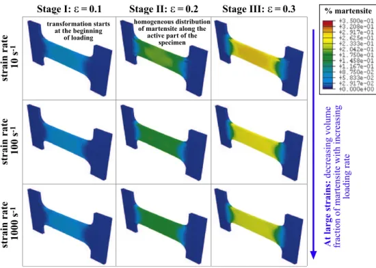 Fig. 8. Contours of the volume fraction of martensite for different loading rates and homogenized strain levels.
