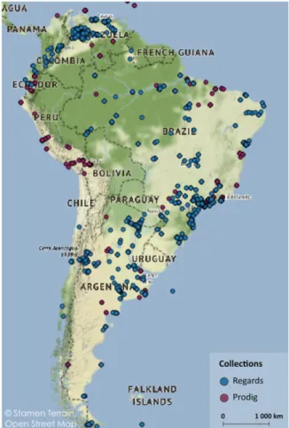 Figure 1 : Localisation des images des fonds Regards et Prodig, sur l’Amérique du Sud, déposées sur MédiHal  Au-delà de la localisation par coordonnées géographiques, l’indexation d’une image via  des  mots-clefs décrivant à nouveau sa localisation, mais a