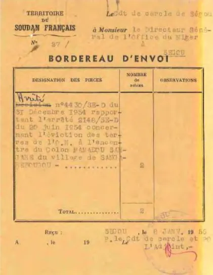 Figure 8: Bordereau d'envoi de l'arrêté concernant l'éviction de Mamadou Sangaré, ordre du comandant de cercle  (reçu par le ministère des colonies) au directeur de l'ON (source: archives coloniales de Dakar) 