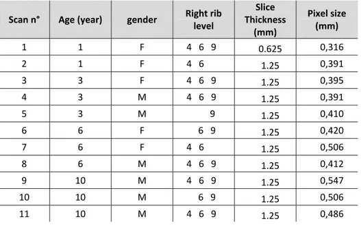 Table 1: Age, gender and right ribs levels studied; CT images slice thickness and pixel size. 