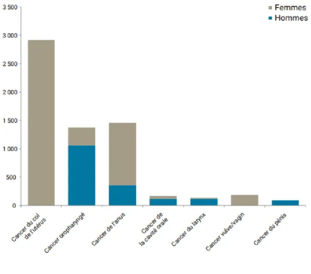 Figure 1 : Nombre estimé de nouveaux cas de cancers liés aux HPV (France, 2015) 