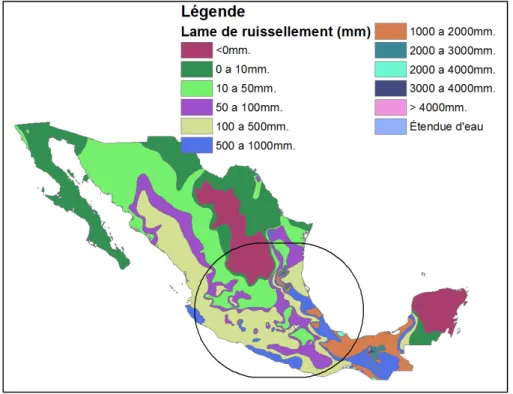 Figure 2.5 Carte des lames de ruissellement moyennes annuelles selon   les stations hydrométriques des débits non-reconstruits 