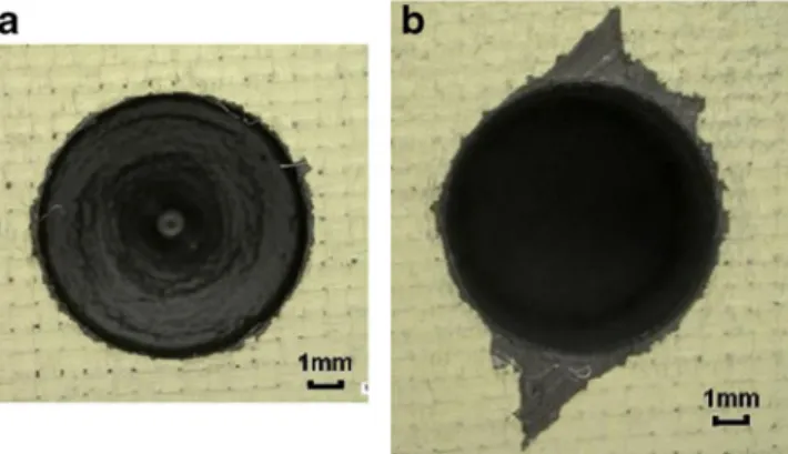 Fig. 13 CFRP damages at the hole entry a before and b after alumin- alumin-ium chip evacuation